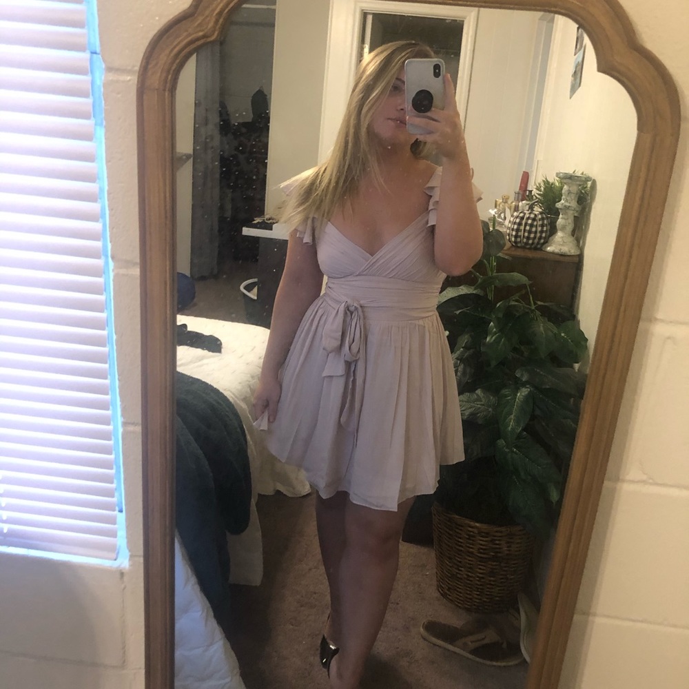 Lola Ruffle Shoulder Ruched Dress Nude